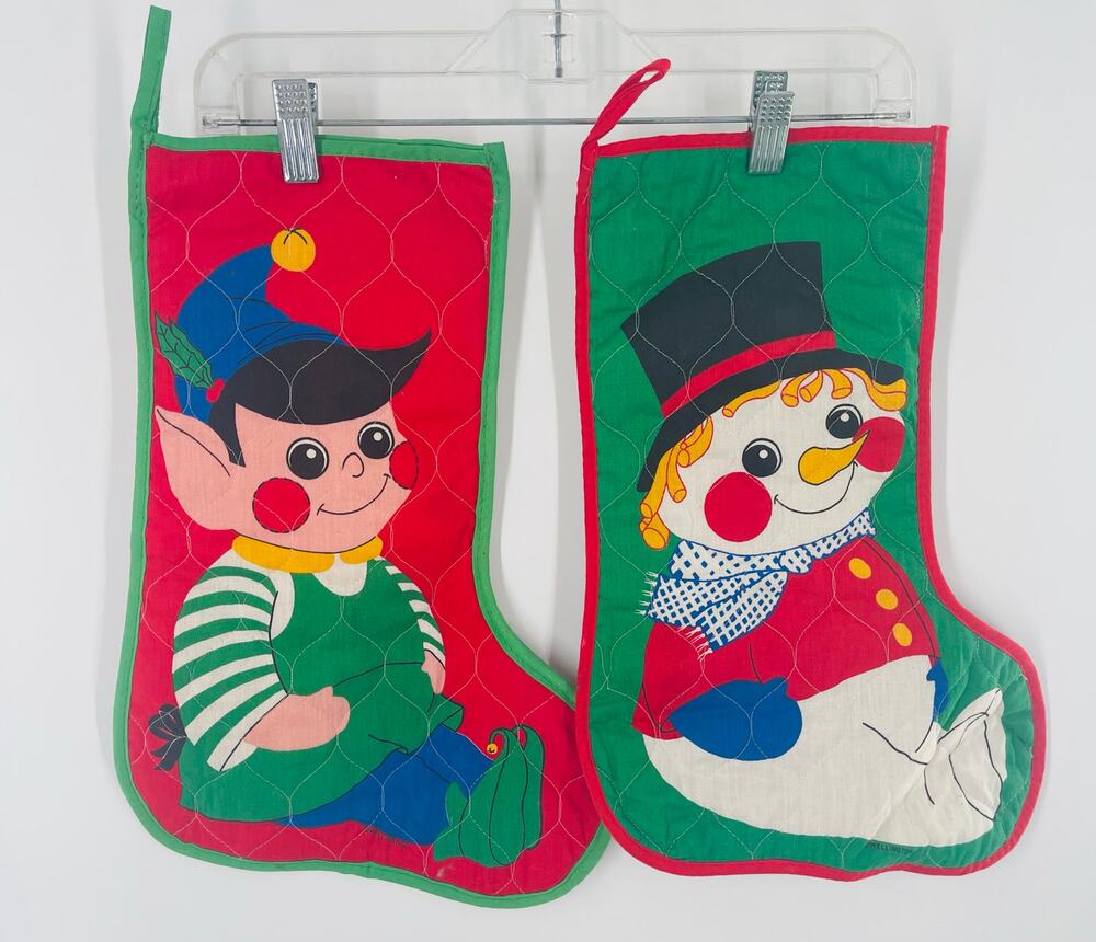 Set of 2 Vintage Quilted Christmas Stockings - Retro Elf & Snowman